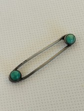 Antique Edwardian safety pin brooch, sterling silver with turquoise cabochon