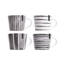 Set Of 4 Stripe Porcelain Mug Coffee Tea Cup 15oz Home Kitchen Grey White