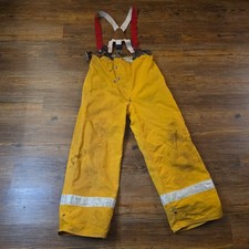 Vtg. 60s Fireman Trousers Turnout Overalls Body Guard yellow Canvas Buckle 29x28
