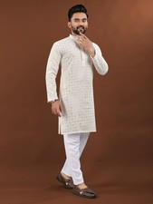 Elegant Designer Cotton Kurta Pajama For Men With Heavy Embroidery Festive Wear