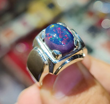 Natural Ethiopian Fire Black Opal Stone Sterling Silver Ring AAA Quality Opal