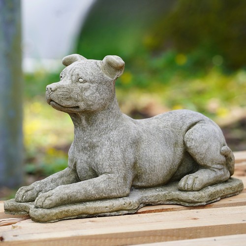 Laying staffie stone statue - statue, |