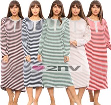 Ladies Thermal Nightie Long Sleeve STRIPE WINTER WARM Long Night Dress Nightwear