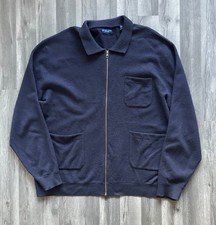 Gant 4XL Zip Up Cardigan Shirt Navy Blue 100% Merino Wool Pockets Collar Men's