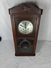Large Vintage Pendulum Wall Mounted Clock Mechanical Wood Glass And Brass