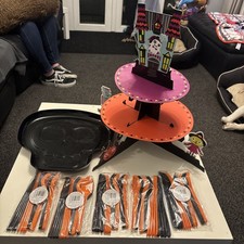 Halloween Party Tableware Items Cake Stand Skull Platter Tray And Cutlery Sets