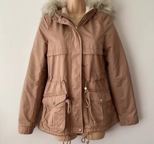 H&M Coat Sz 6 Dusky Pink Faux Shearling Parka Hooded Mid Length Jacket Women