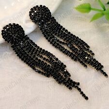 CLIP ON 3"long JET BLACK CRYSTAL glass rhinestone EARRINGS vintage brass BIG 7cm