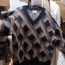 Jaeger X M&S Women's Jumper Black Brown Mix Merino Wool V-Neck Ribbed New F1