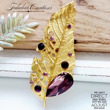 Pendant Golden Leaf Brooch Vintage Art Deco Look Crystal Autumn Fall Crystal Pin