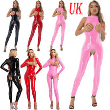 UK Womens Sexy Crotchless Jumpsuit Lingerie Zipper Patent Leather Latex Catsuit