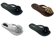 Womens Diamante Flower Flip Flop Sandals Ladies Low Wedge Summer Shoes Size