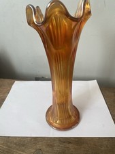 Vintage Fenton Marigold Fine Rib 10" Tall Carnival Glass Swung Vase Exc Cond