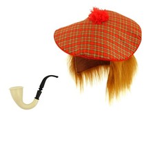 Mens SCOTTISH COSTUME Scotsman Hat Kilt Tartan Hair Burns Night Fancy Dress