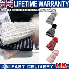 Lady Knitted Beanie Hat Diamond Faux Fur Pom Pom Bobble Hat Winter Warm Fashion"