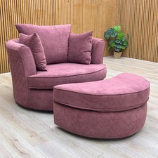 DFS ‘Orka' Swivel Chair + Half Moon Stool Wine Plaza Linen Formal Back Large NEW