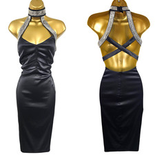Vintage Karen Millen 12 UK Black Satin Beaded Jewel Halterneck Wiggle Dress