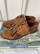 F Troupe Ponyskin Tiger / Animal Print Tan Suede Brogues, Size 7.5