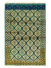 Vintage Turkish Handwoven Wool Rug Camel Emerald Navy Geometric 4' x 5'11" ft