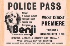BENJI film Nov 19th 1974 West Coast Premiere Movie Ticket POLICE PASS Rare dog
