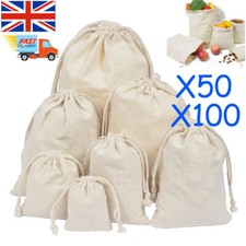 Calico Drawstring Storage Bags Natural Cotton Bulk Linen Tote Food Gift Bag UK
