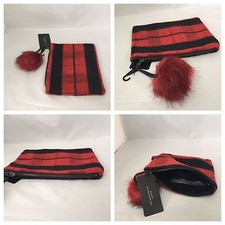Zara Red/Black Tartan Clutch Zipped Bag With Pom Pom New