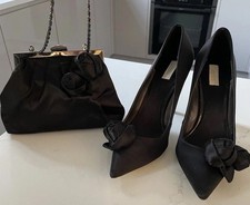 UNTOLD Black Satin Flower Detail Heel Shoes & Clasp Bag Set Size 39 Worn Once