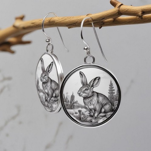 Rabbit dome hook earrings - on,