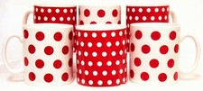 Red Dots and Spots Mugs Set of 6 Porcelain 10.5 oz 300 ml Cups Hand Decorated UK