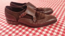 Hugo Boss Double Monk Brown Leather & Suede Smart Men's Italian shoes Size UK 9