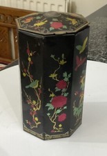 Vintage Original Old Tea Tin Black Chinese Chinoiserie Bird & Flowers Greek Key