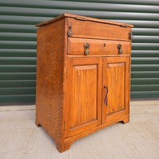 Vintage Solid Oak Flip Top Writing Desk Cupboard Davenport Bureau Compact