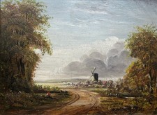 Antique Original Oil Painting Windmill Landscape Follower of John Constable