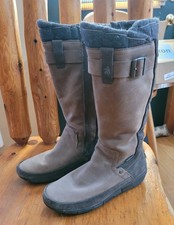 Women's CUSHE Suede Tall Boots Sz. 9 Brown/Grey Buckle & Detailed Stitching EUC