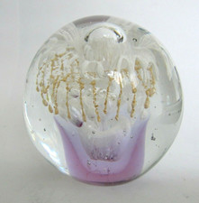 Glass Paperweight with White and Gold Fountain on Lilac Base
