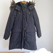 Next Girls Navy Faux Fur Parka Coat Age 8 128cm Hooded Winter Jacket Warm