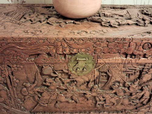 Hand carved camphor - wood, linen