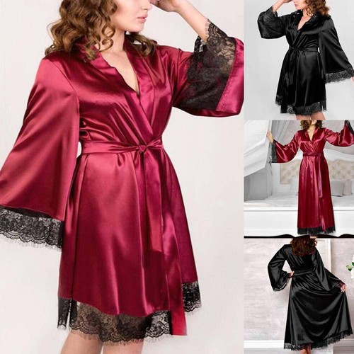 Women satin silk lace bathrobe - lace,