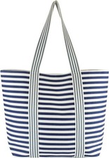 Large Blue and White Striped Canvas Summer Beach Tote Bag