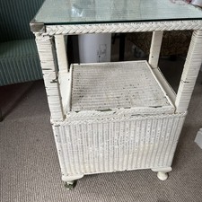Vintage Lloyd Loom ivory painted Bedside Bathroom cabinet with Glass Top