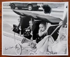 Vintage Photo Black & White 11x14 Babies Stroller Pram Triplets Cousins Twins