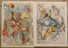 2 Mid C Original Abstract Cubist Geometric Sketch Pastel Paintings.