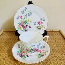 Vintage Queen Anne “Old Country Spray” Bone China Cup, Saucer & Tea Plate Trio