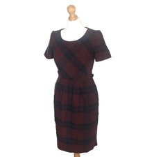 Ladies Hobbs Red Autumn Winter Tartan Shift Check Burgundy Dress Size 10 Tweed 