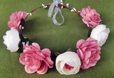 New Women Large Flower Crown Headband Hair Wreath Garland Ribbon Wedding Beach