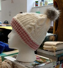 Hand Knit Hat Aran Pattern Onne Size White & Pink