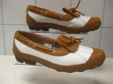 UGG LOAFERS 5 5.5 Leather tan patent white spats Tassle wool inner UNWORN