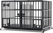Large Dog Crate 42 Inch Black w/ Divider, Bowls, Floor Tray, Rolling 104x74x68cm