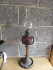 Large Brass Corinthian Column Oil Lamp w/Purple Resevoir & Anchor Brand Chimney