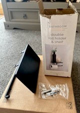 Modern Sleek Bathroom Shelf and Double WC Loo Toilet Roll Holder Black 